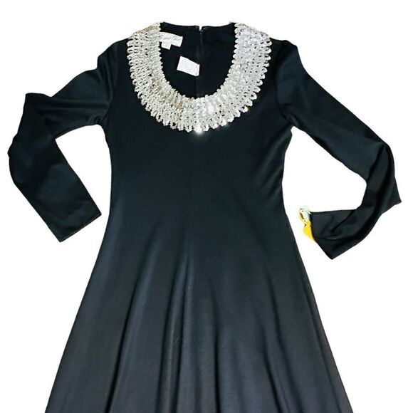 Vintage 70s Bernie Bee Long Black Dress with silver sequin neckline Size 2 NWT - Picture 3 of 15